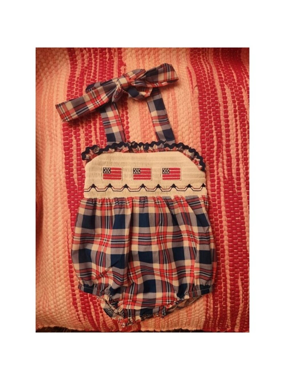 American Flag Plaid Bow Tie Back Baby Romper 0-3 Months